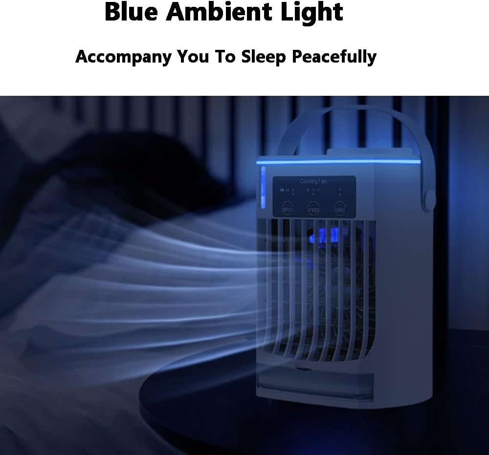 Mini Climatiseur Par évaporation De 500 Ml Avec Lumière Ambiante Bleue, 5 V 7 W, Climatiseur Portable à 3 Vitesses, Refroidisseur D'air Personnel Avec Humidificateur Pour Chambre, Bureau