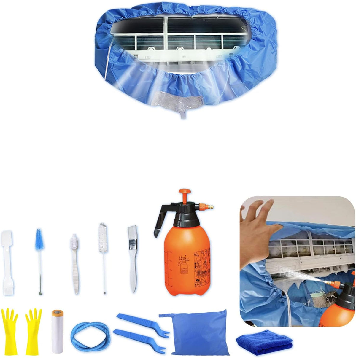 Kit Nettoyage Climatiseur Mural,Kit Nettoyage Climatisation Split,Nettoyage Climatisation Split,Bâche Nettoyage Clim(15 Pièces, Noir, Taille Moyenne : 68-98 Cm / 27,55-39,37 Pouces)