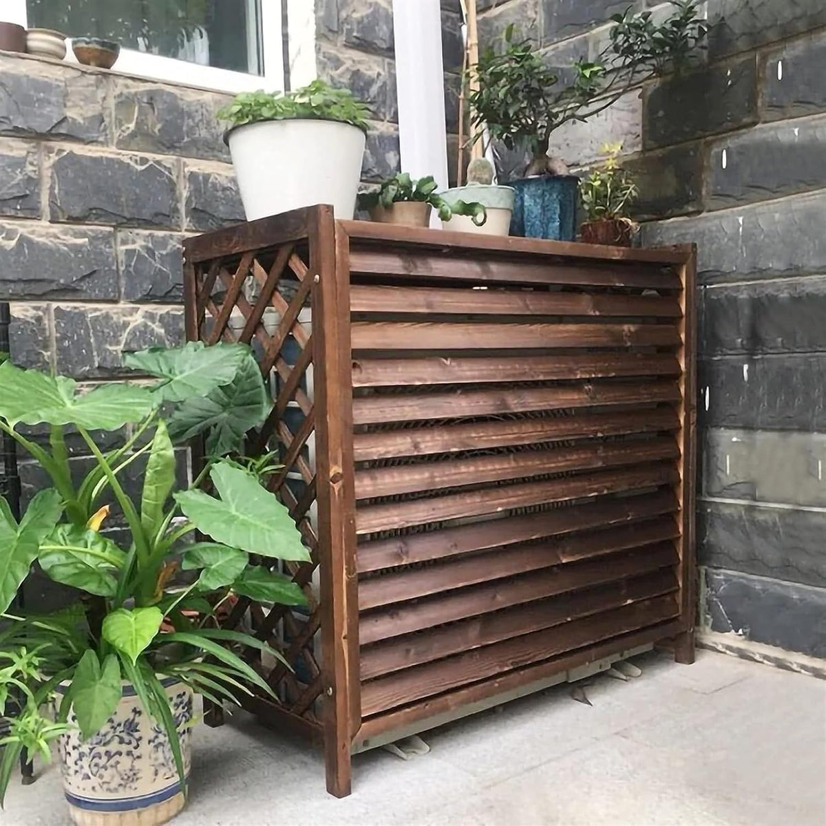 GENERIC Housse De Protection En Bois Massif Pour Climatiseur D'extérieur Avec Stores Et Grille Multifonctionnelle Pour Balcon Et Support De Fleurs, Facile à Assembler, Durable Et élégante Pour Une Utilisation