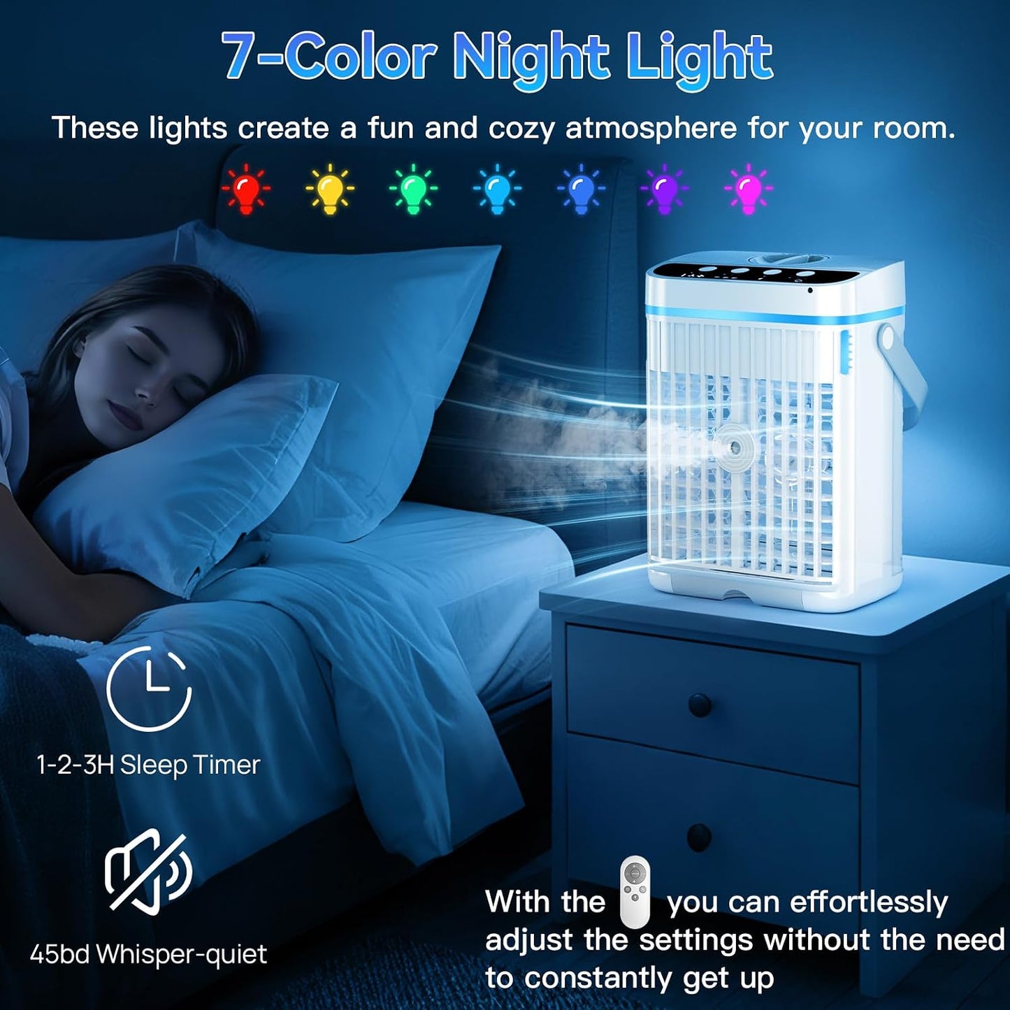 Climatiseur Portable, Réservoir D'eau De 1 134 G, 3 Vitesses Du Vent Et 3 Brume Froide, Minuterie De 1 à 3 Heures Et 7 Lumières LED, Petit Climatiseur Personnel Portable Pour Chambre/bureau