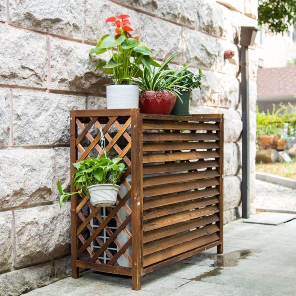 GENERIC Housse De Protection En Bois Pour Climatiseur - Brise-vue - Support De Fleurs Robuste - Protection Pour Unité Extérieure - Décoration De Jardin, Balcon - Support Pour Plantes - Design Résistant Aux