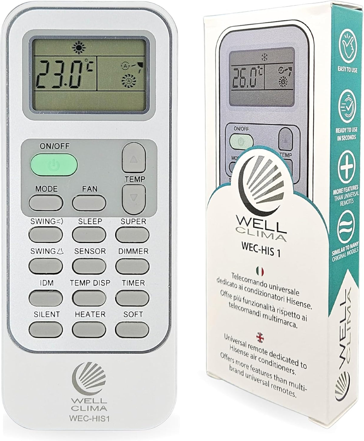 Wellclima WEC-HA1 Télécommande Pour Climatiseur Pour Haier, Pour HEC, Pour Candy, Plus Complète Que Les Universelles, Prête à L’Emploi Avec Fonctions Spéciales, Pour Inverter Et Pompe à Chaleur