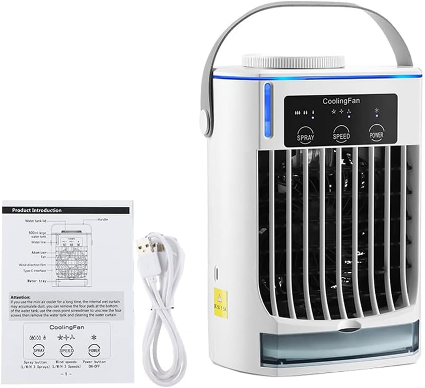  Mini Climatiseur Par évaporation De 500 Ml Avec Lumière Ambiante Bleue, 5 V 7 W, Climatiseur Portable à 3 Vitesses, Refroidisseur D'air Personnel Avec Humidificateur Pour Chambre, Bureau