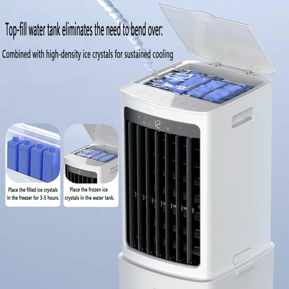 GENERIC Refroidisseur D'air évaporatif Portable Avec Réservoir D'eau 12L Et 2 Packs De Glace 60W Efficace énergétique 3 Vitesses 90° Oscillation 35dB Unité De Refroidissement De Ventilateur D'économie D'espac