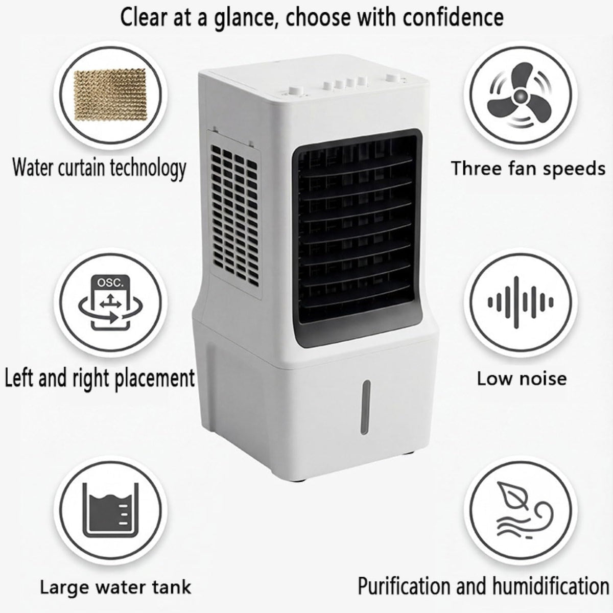  Climatiseur Mobile Sans Évacuation Rafraîchisseur D'Air Portable Avec 3 Vitesses Climatiseur Mobile Silencieux Avec Réservoir D’Eau 12L Oscillation 60° Ventilateur Refroidisseur D'Air Économe Énergie