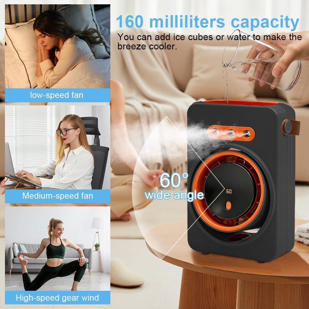  ZVD Ventilateur Climatiseur Silencieux Portable,Ventilateur Brumisateur Avec 5 Vitesses Et Minuterie, Brumisateur Ventilateur Bureau Rechargeable Usb Pour Maison,Voiture,Camping (Gris)