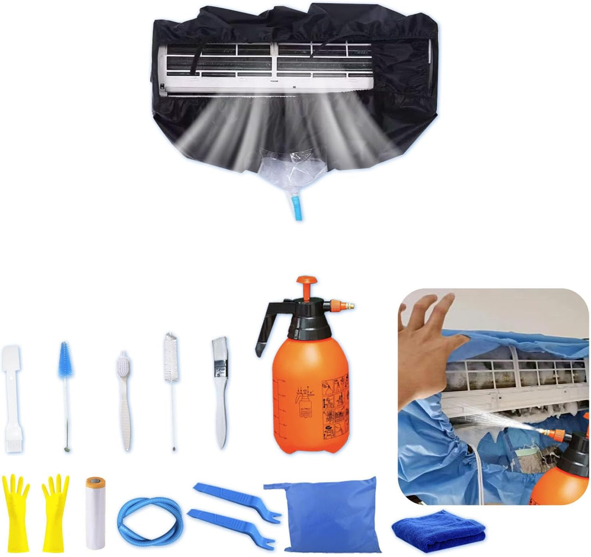  Kit Nettoyage Climatiseur Mural，Kit Nettoyage Climatisation Split，Nettoyage Climatisation Split，Bâche Nettoyage Clim(15 Pièces, Bleu Foncé, Taille Moyenne : 68-98 Cm/27,55-39,37 Pouces)