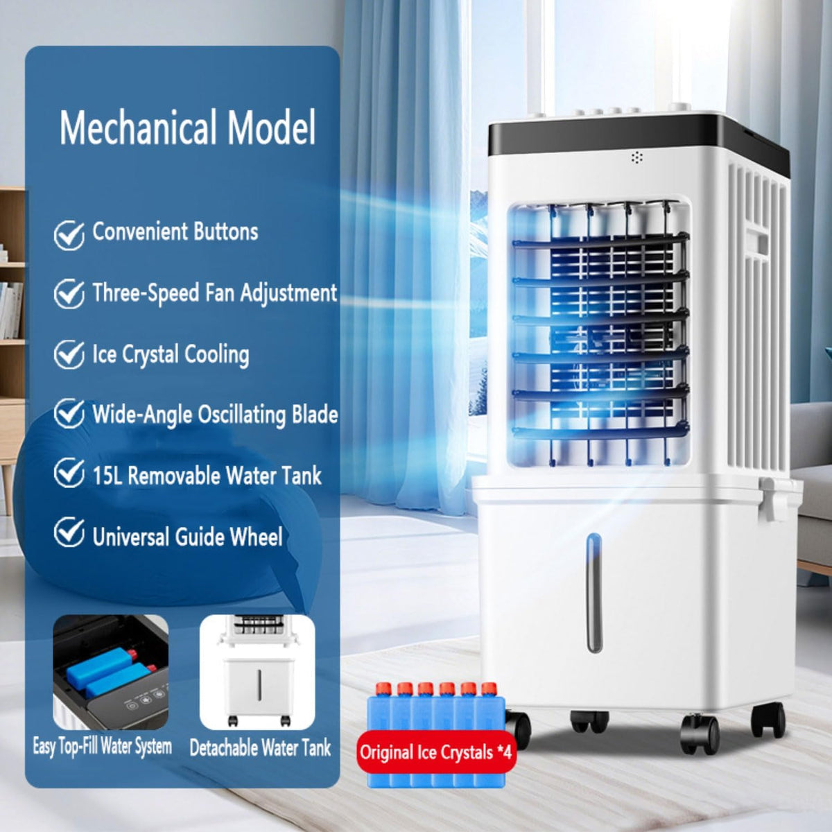 GENERIC Refroidisseur D'air évaporatif 75W Climatiseur Mobile Oscillation 90° 4 Packs Glace Télécommande 3 Modes & Vitesses Minuterie 7.5H Ventilateur à Roulettes Pour Maison Bureau