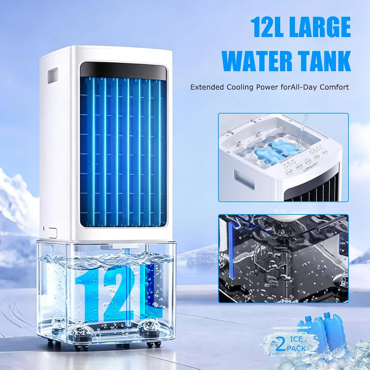  Climatiseur Mobile Portable De 12 L, 3 Vitesses, Ventilateur De Refroidissement Par évaporation Avec Réservoir D'eau Amovible, Télécommande, Minuterie De 7,5 H, Unité De Refroidissement Sur