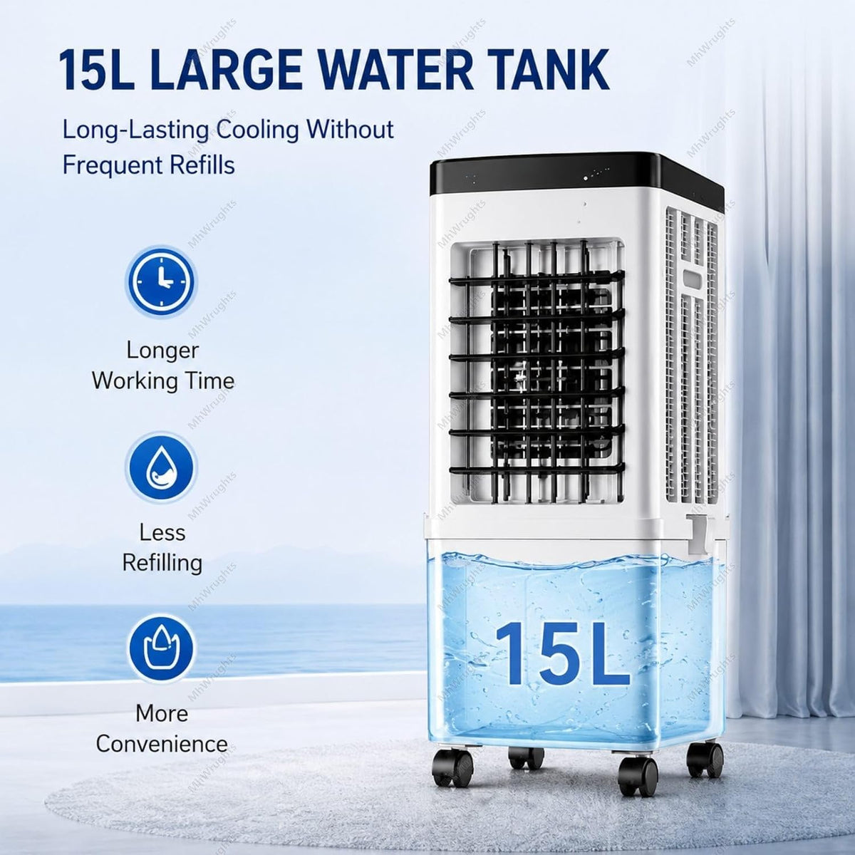  Climatiseur Portable 15L Avec Ventilateur Et Rafraîchisseur D'air Par évaporation, Grand Réservoir D'eau, 3 Vitesses Et Roulettes Universelles Pour Chambre, Salon Et Bureau RemoteControl
