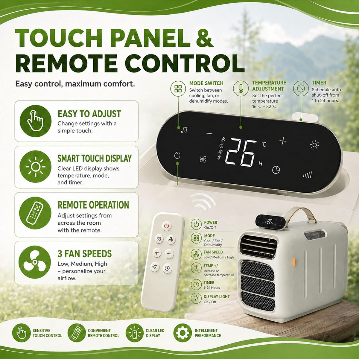  Climatiseur Portable 4700 BTU, AC Mobile 450W Pour Tente RV, Ventilateur De Déshumidificateur De Refroidissement 4-en-1 Avec Contrôle Tactile, Unité D'auto-évaporation Silencieuse Pour Van Life Small