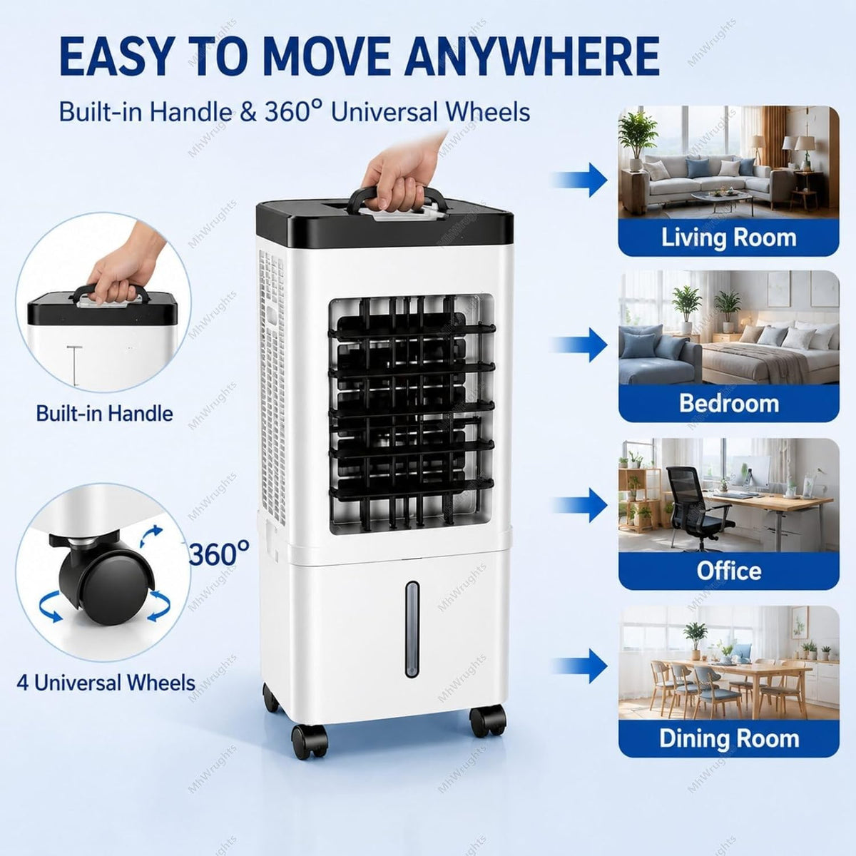  Climatiseur Portable 15L Avec Ventilateur Et Rafraîchisseur D'air Par évaporation, Grand Réservoir D'eau, 3 Vitesses Et Roulettes Universelles Pour Chambre, Salon Et Bureau RemoteControl