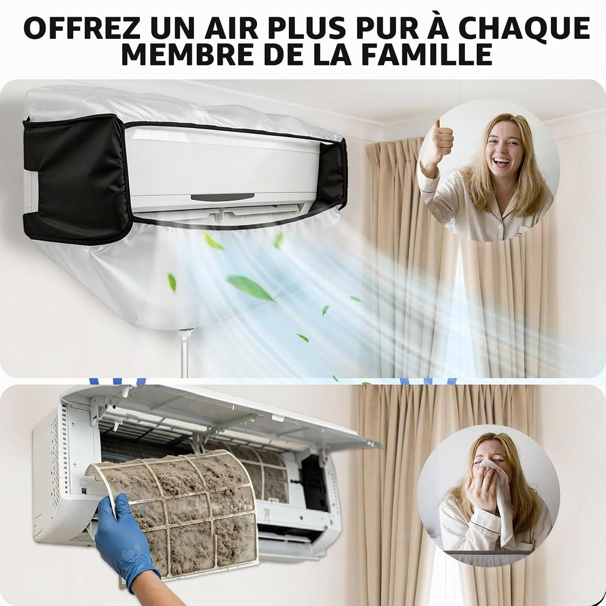  Kit De Nettoyage Climatisation Panneaux Latéraux Double Face, Housse Climatiseur Imperméable En épais Pour Climatiseur Split Mural – Noir-Blanc, Taille 2XL