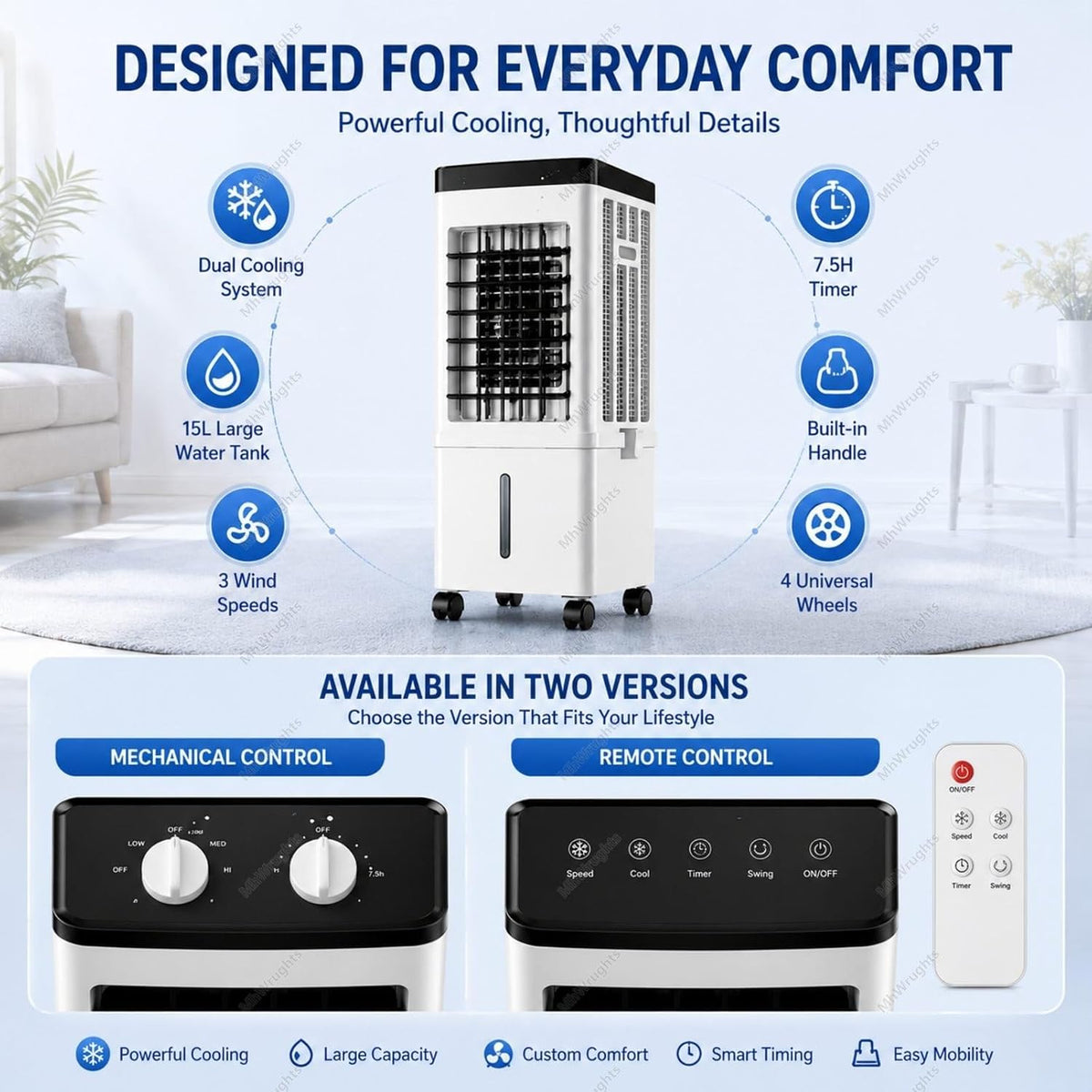  Climatiseur Portable 15L Avec Ventilateur Et Rafraîchisseur D'air Par évaporation, Grand Réservoir D'eau, 3 Vitesses Et Roulettes Universelles Pour Chambre, Salon Et Bureau RemoteControl