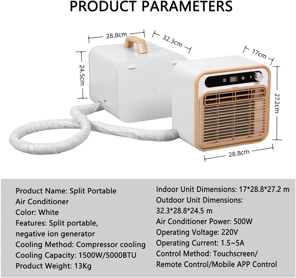GENERIC Climatiseur Split Portable 5000 Btu, Unité De Climatisation De Camping Silencieuse Avec WiFi Et Télécommande, Minuterie De 12 H Et Débit D’Air De 130 M³/h, Rafraîchisseur D’Air Sans Tuyau Pou 1m Tube