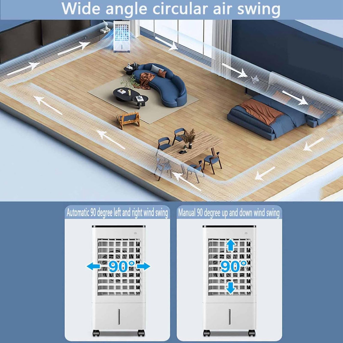 GENERIC Refroidisseur D'air Par évaporation, Ventilateur Oscillant à 90° Avec Télécommande, Minuterie 15h, 3 Vitesses Et 3 Modes, Grand Réservoir, Pour Chambre à Coucher Et Bureau