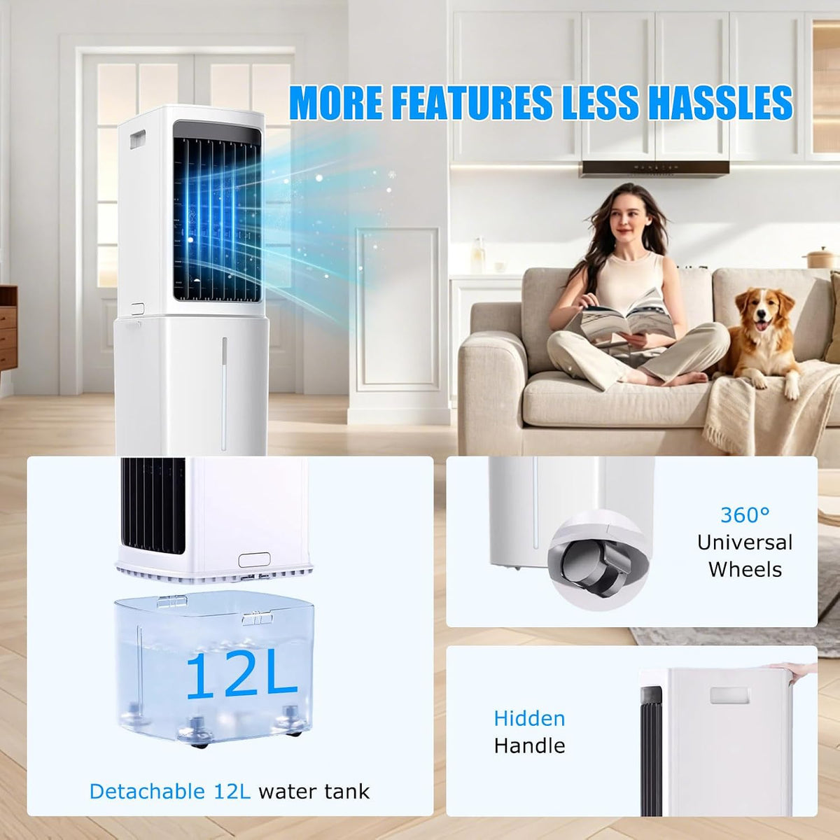  Climatiseur Mobile Portable De 12 L, 3 Vitesses, Ventilateur De Refroidissement Par évaporation Avec Réservoir D'eau Amovible, Télécommande, Minuterie De 7,5 H, Unité De Refroidissement Sur