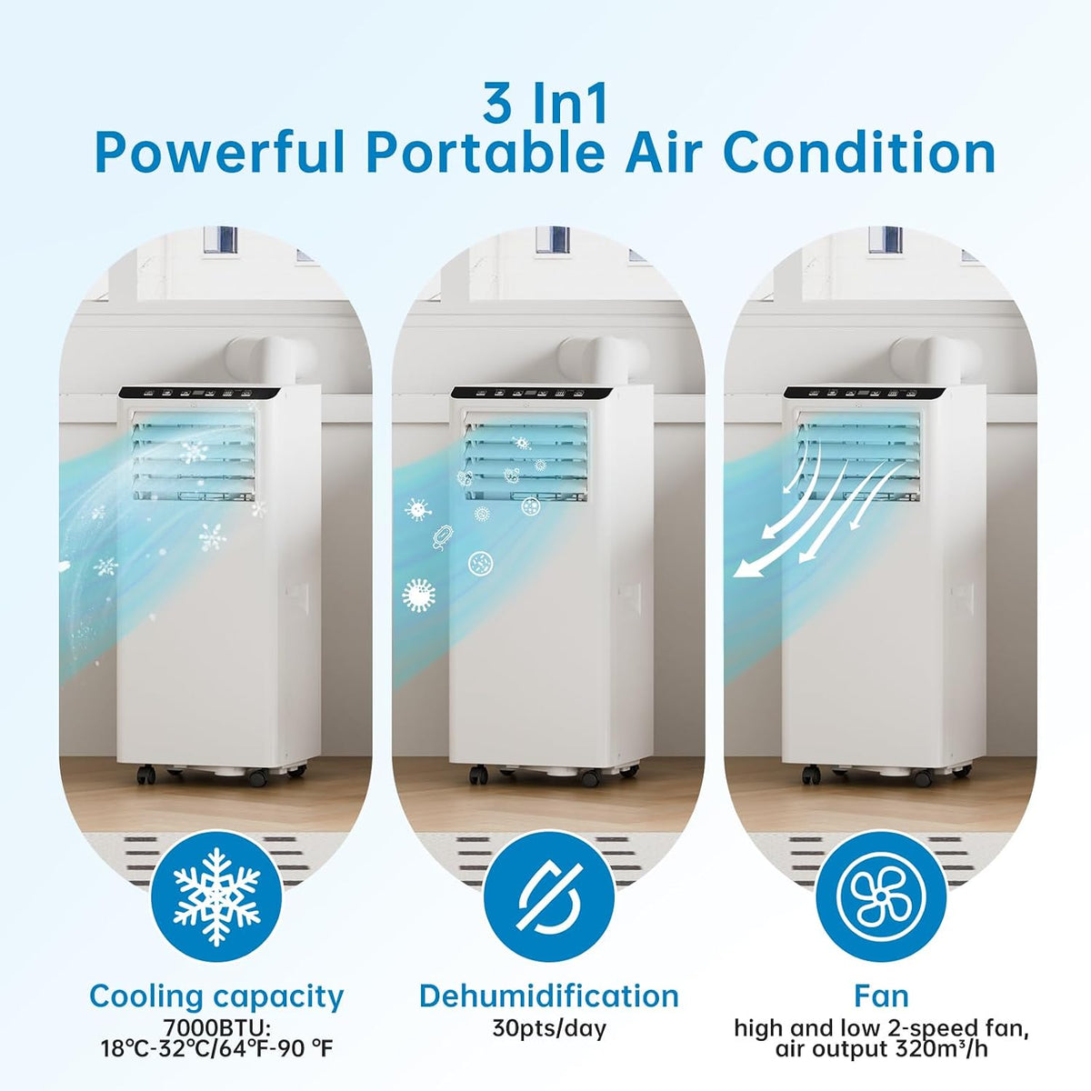  Climatiseur Portable 12000 BTU, Ventilateur De Déshumidification De Chaleur Froide, économiseur D'énergie Pour Bureau De Chambre à Coucher, Télécommande, Mode Sommeil, Fonctionnement Silencieux Avec K