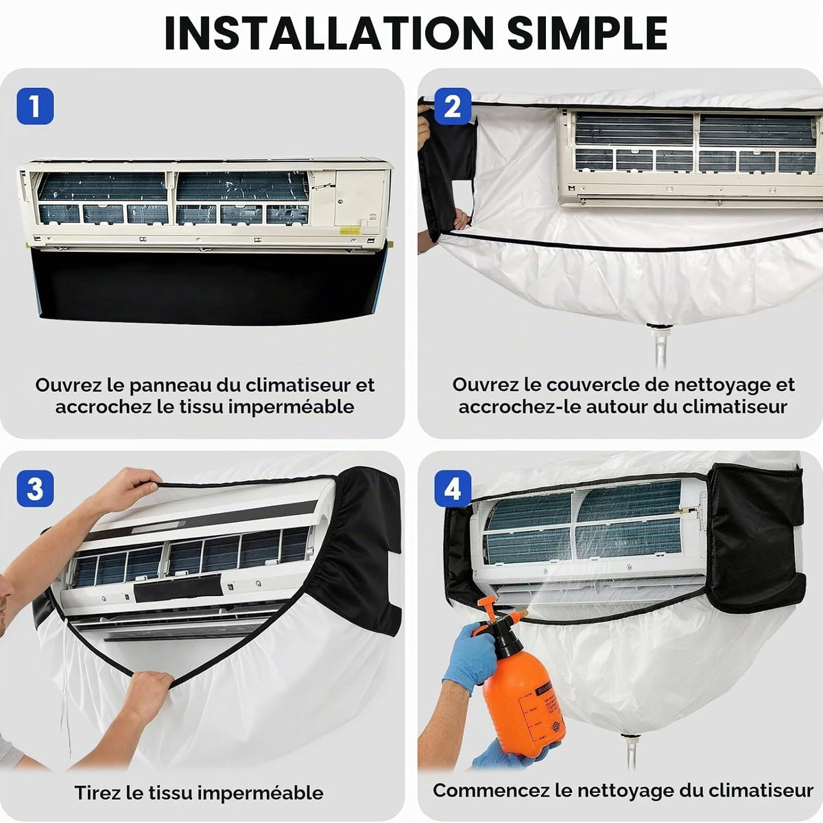  Kit De Nettoyage Climatisation Panneaux Latéraux Double Face, Housse Climatiseur Imperméable En épais Pour Climatiseur Split Mural – Noir-Blanc, Taille 2XL