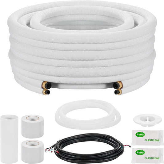  VEVOR Kit Liaison Frigorifique Tuyau En Cuivre Mini-split 9,5 Mm 15,9 Mm Diamètre Extérieur, 15,2 M Longueur, Bobine Isolée PE Blanc Épais 9,5 Mm Avec Écrous, Raccords, Pour Mini Climatiseurs Split