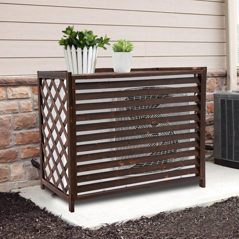  Housse De Climatiseur En Bois Avec Support Décoratif Pour Fleurs – Protection élégante Pour Unité Extérieure Et Grille De Protection Pour Climatiseurs Et Pompes à Chaleur
