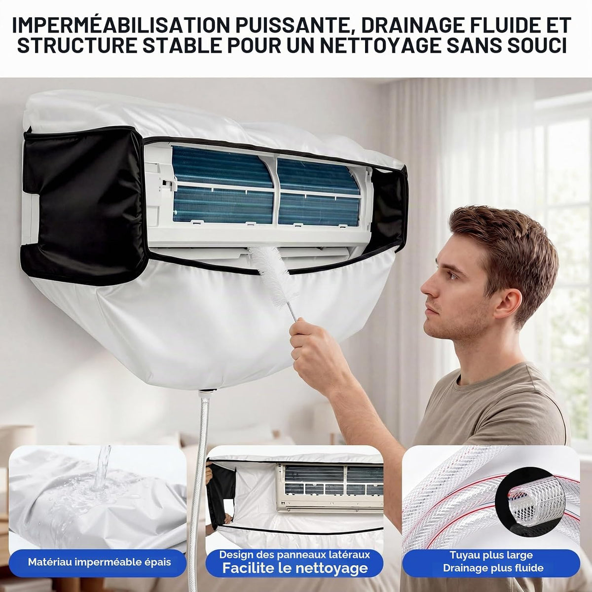  Kit De Nettoyage Climatisation Panneaux Latéraux Double Face, Housse Climatiseur Imperméable En épais Pour Climatiseur Split Mural – Noir-Blanc, Taille 2XL