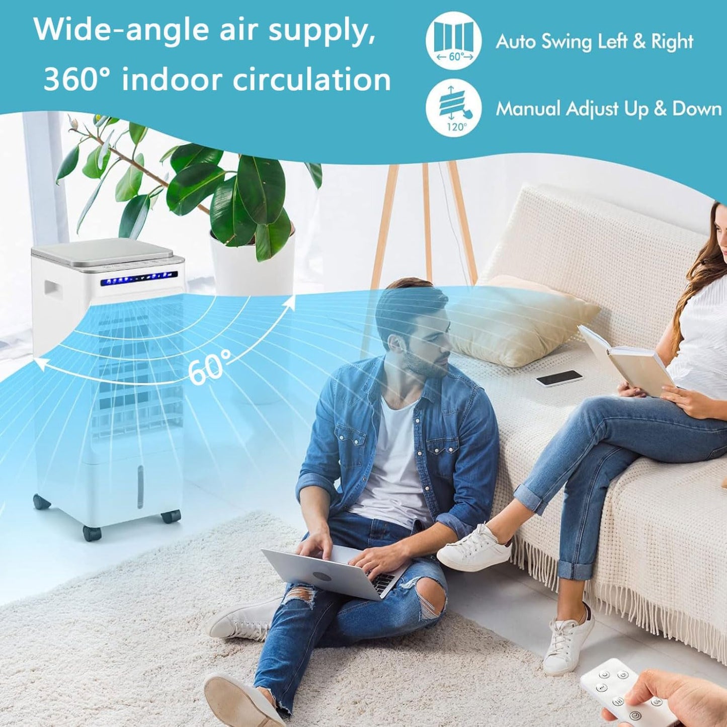 GENERIC Climatiseur Portable 3-IN-1 Ultra-Quiet Design Portable AC Unit Ventilateur De Refroidissement Avec 3 Vitesses 60°Auto Oscillation 7H Timer 4 Ice Box Refroidisseur D'air évaporatif Pour Home Bureau Ch