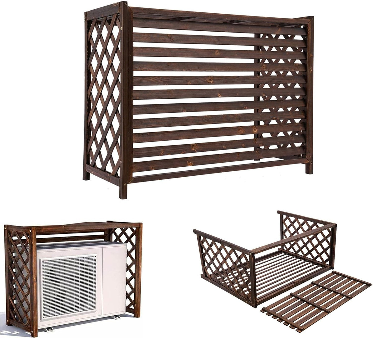  Housse De Climatiseur En Bois Avec Support Décoratif Pour Fleurs – Protection élégante Pour Unité Extérieure Et Grille De Protection Pour Climatiseurs Et Pompes à Chaleur