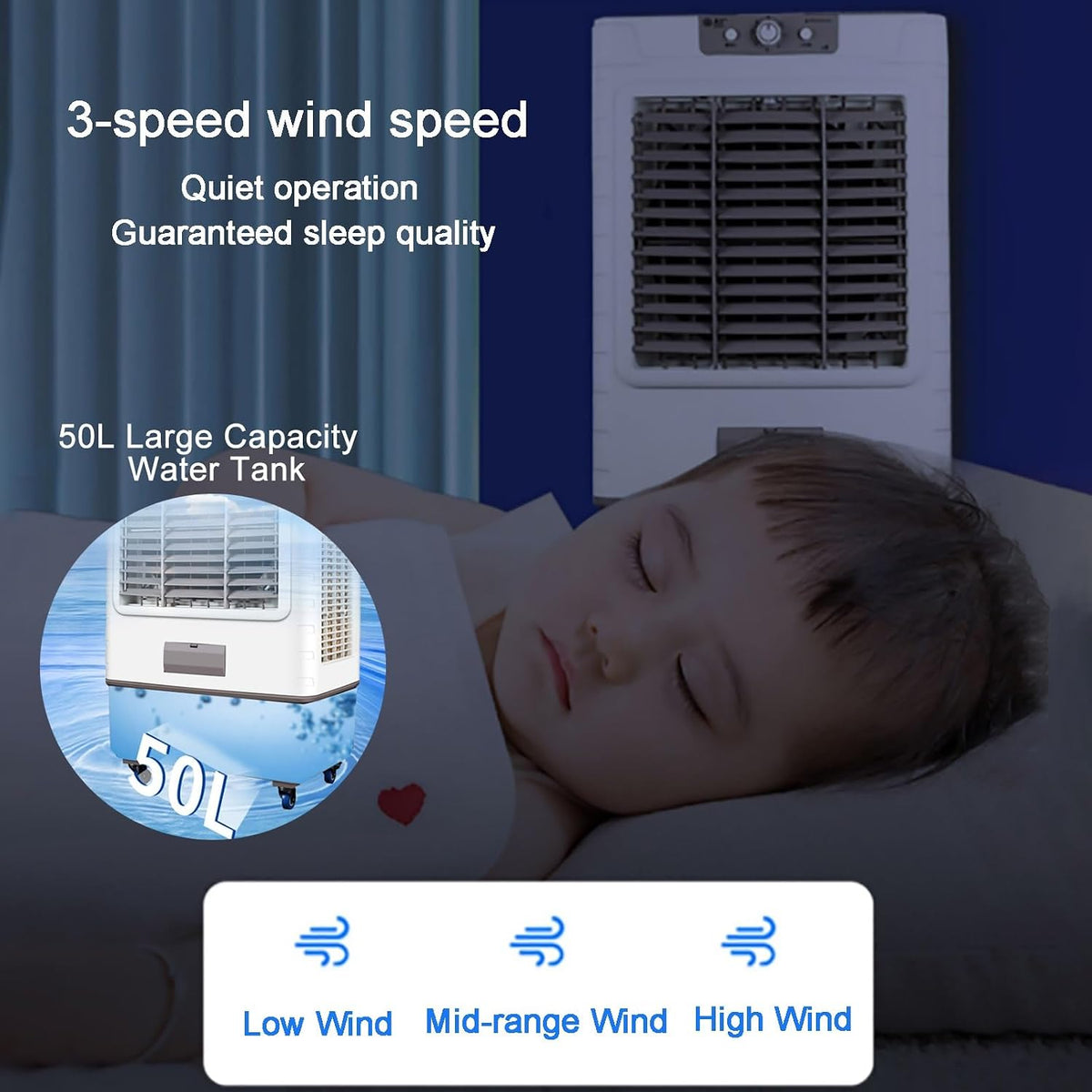  Industrial Evaporative Air Cooler With 120° Oscillation, 50L Water Tank, 3 Speeds & 6 Ice Packs For Large Rooms, Patios, Garages