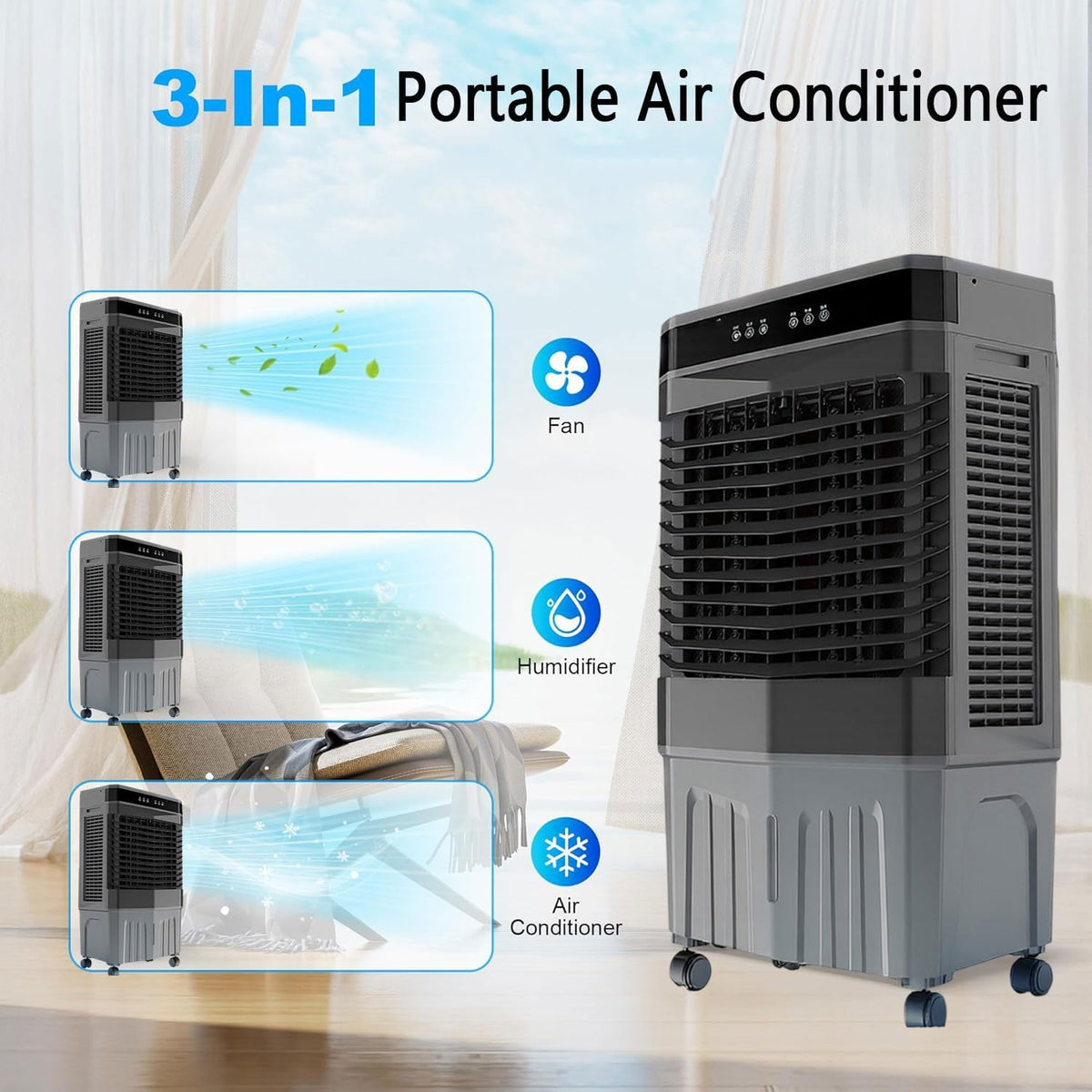 GENERIC Refroidisseur D'air évaporatif Portable, Ventilateur Oscillant à 3 Vitesses Avec 4 Paquets De Glace, 12H Minuterie, Faible Bruit Pour Le Bureau De Chambre à Coucher