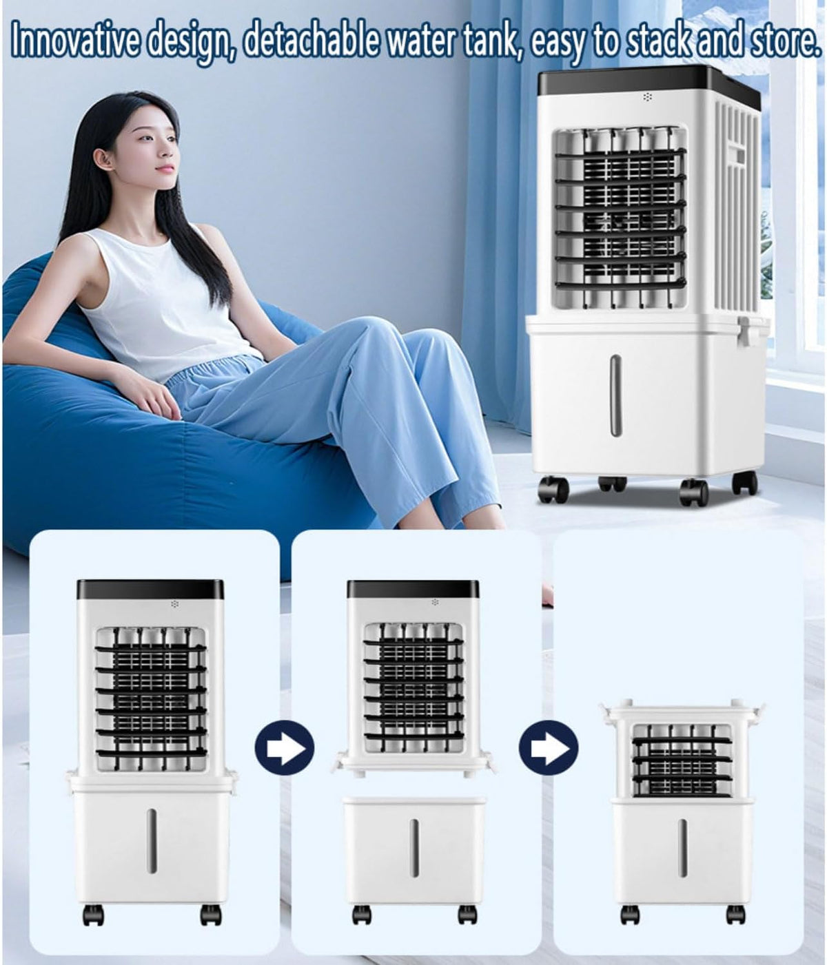 GENERIC Refroidisseur D'air évaporatif 75W Climatiseur Mobile Oscillation 90° 4 Packs Glace Télécommande 3 Modes & Vitesses Minuterie 7.5H Ventilateur à Roulettes Pour Maison Bureau