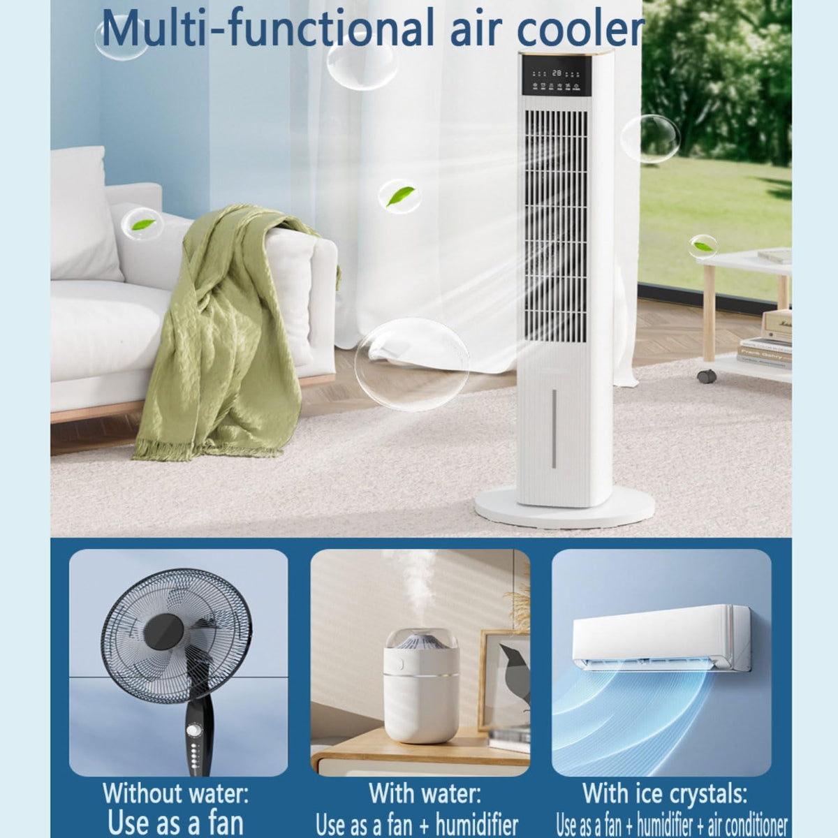  Refroidisseur D'air Colonne Refroidisseur Humidificateur Et Ventilateur Climatiseur Mobile Portable Avec Capacité De 4.5L 3 Vitesses Oscillation Automatique à 80º Roues Multidirectionnelles Blanc