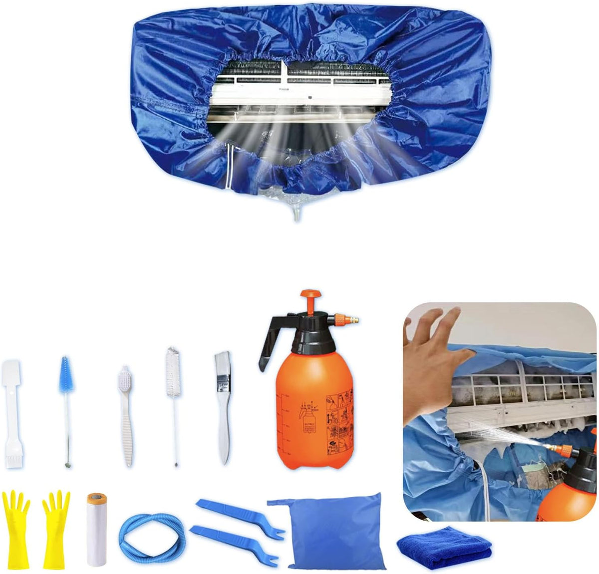  Kit Nettoyage Climatiseur Mural，Kit Nettoyage Climatisation Split，Nettoyage Climatisation Split，Bâche Nettoyage Clim(15 Pièces, Bleu Foncé, Taille Moyenne : 68-98 Cm/27,55-39,37 Pouces)