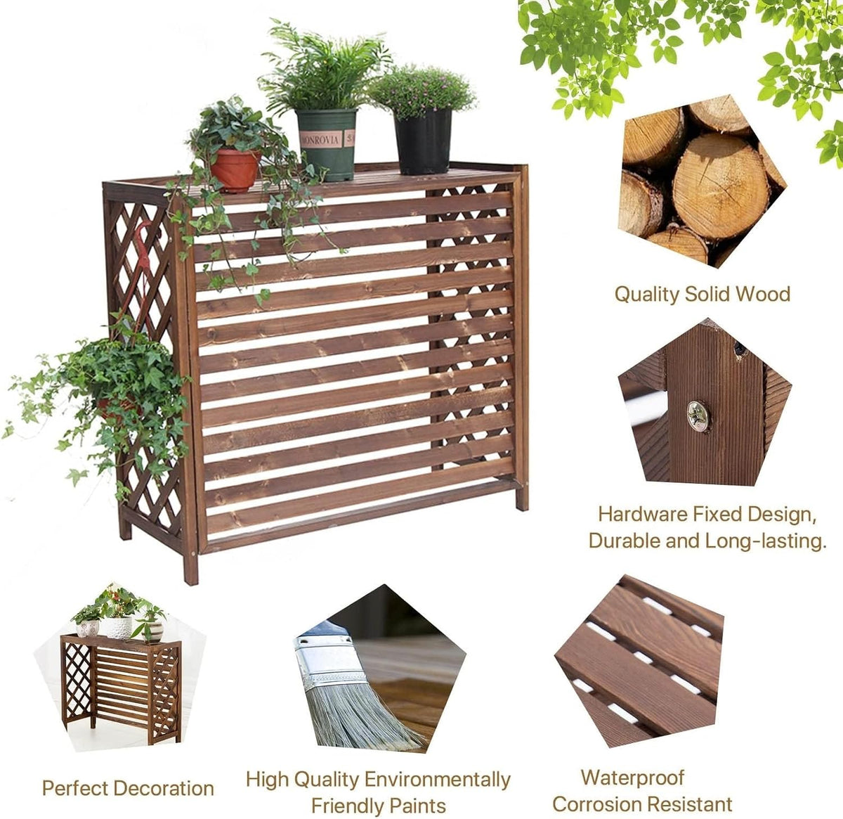 GENERIC Housse De Protection En Bois Pour Climatiseur - Brise-vue - Support De Fleurs Robuste - Protection Pour Unité Extérieure - Décoration De Jardin, Balcon - Support Pour Plantes - Design Résistant Aux
