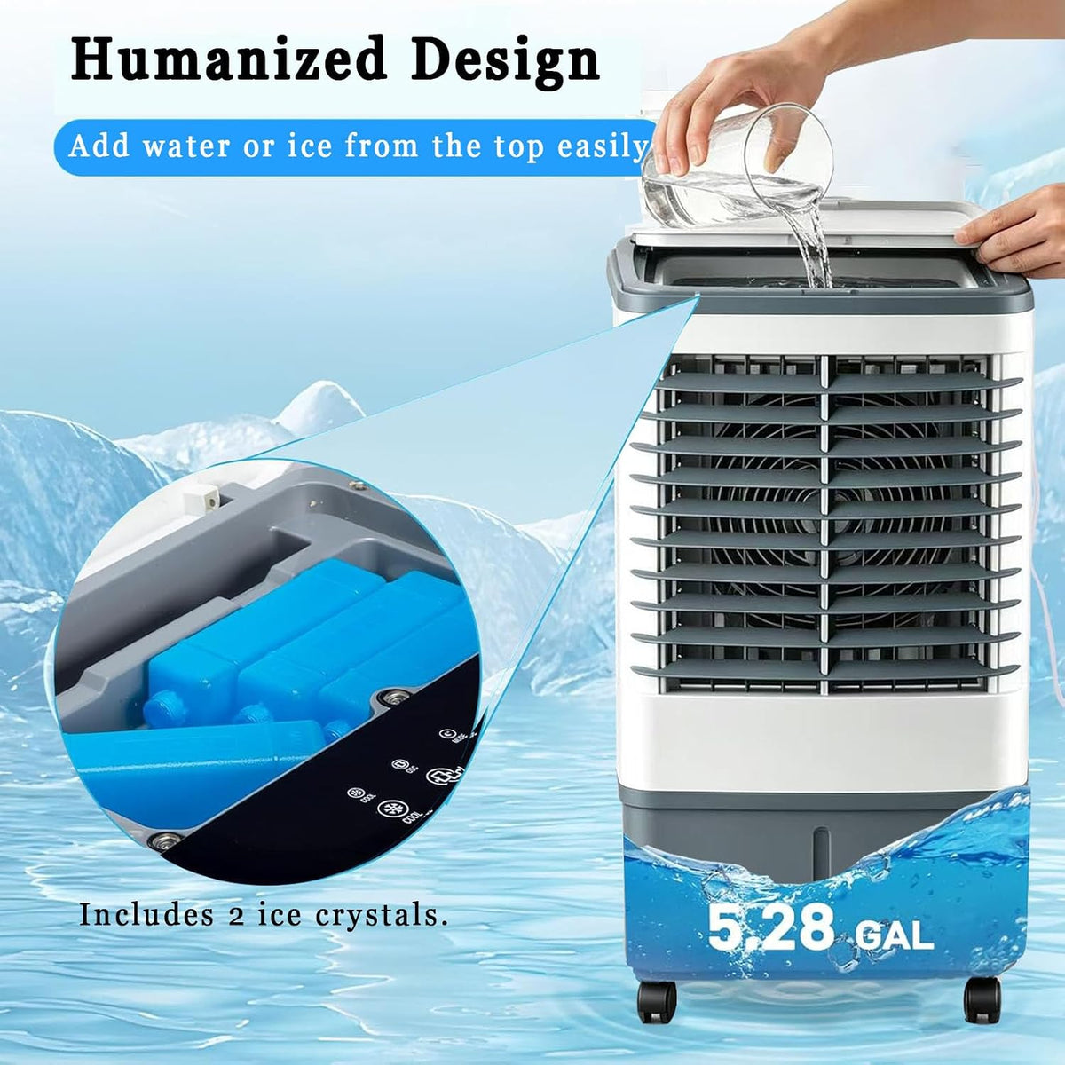 GENERIC Refroidisseur D'air Portable à évaporation De 2100 CFM, Avec Télécommande, Réservoir D'eau De 37 Litres, 3 Vitesses, 2 Blocs De Glace, Minuterie De 7,5 H, Oscillation Pour Intérieur Et Extérieur