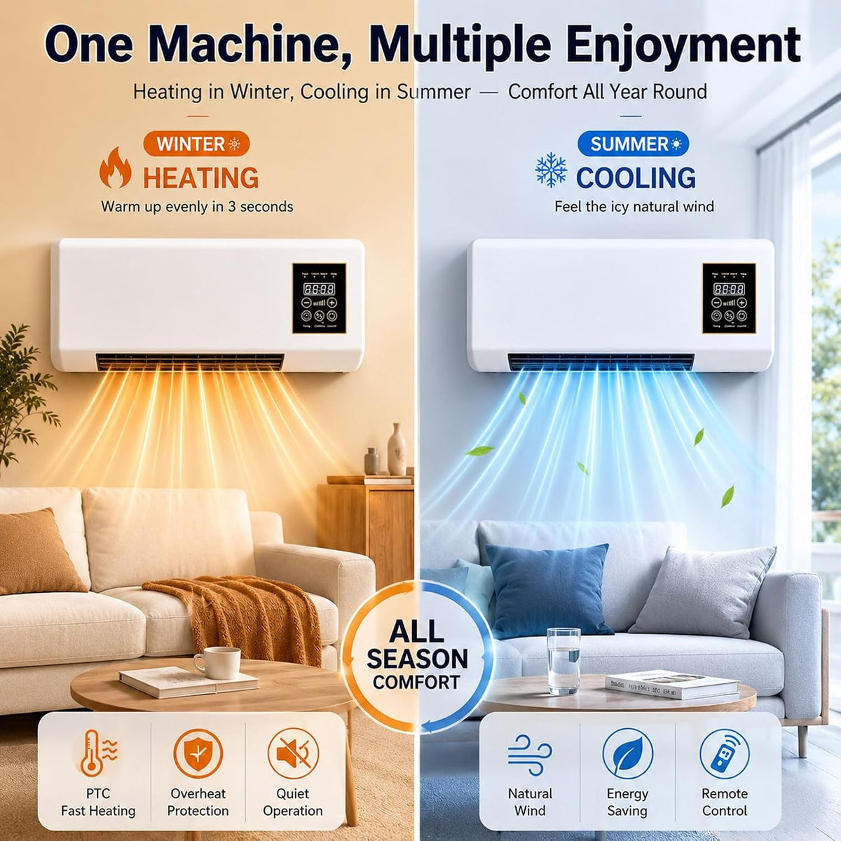  Climatiseur Mural Mobile Sans Évacuation Avec Télécommande | Classe Énergétique A, Réversible Split, Pour Cuisine Et Chambre, Ventilateur Intégré, Climatiseur Portable