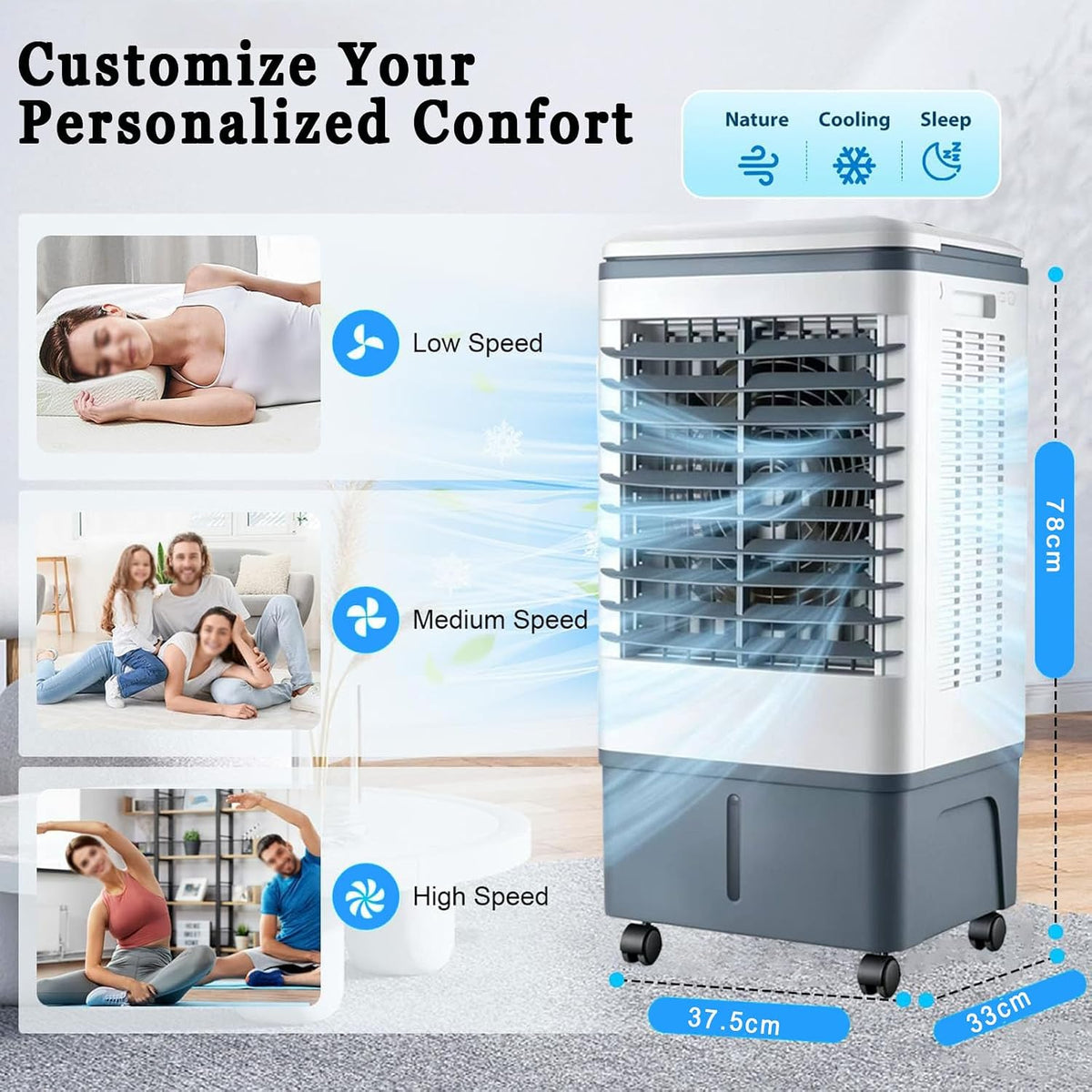 GENERIC Refroidisseur D'air Portable à évaporation De 2100 CFM, Avec Télécommande, Réservoir D'eau De 37 Litres, 3 Vitesses, 2 Blocs De Glace, Minuterie De 7,5 H, Oscillation Pour Intérieur Et Extérieur
