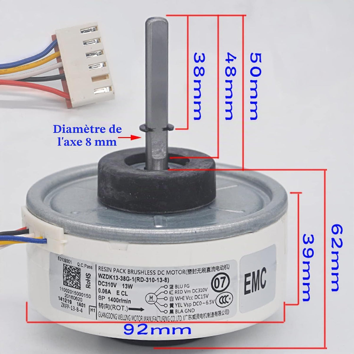 GENERIC Moteur Intérieur Pour Climatiseur WZDK13-38G-1(RD-310-13-8) 13 W Moteur De Ventilateur CC Brushless De 13 W Pour Usage Domestique