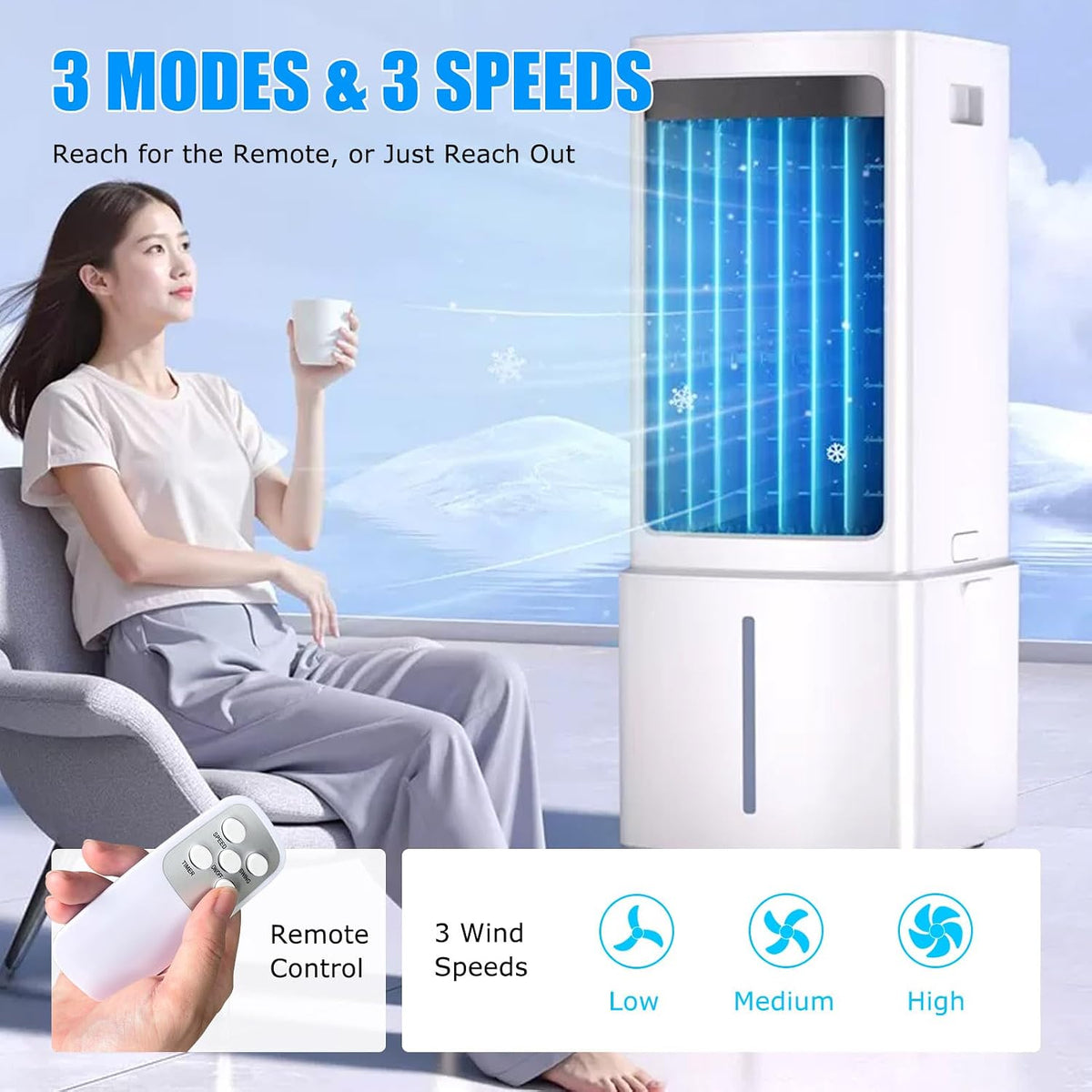  Climatiseur Mobile Portable De 12 L, 3 Vitesses, Ventilateur De Refroidissement Par évaporation Avec Réservoir D'eau Amovible, Télécommande, Minuterie De 7,5 H, Unité De Refroidissement Sur
