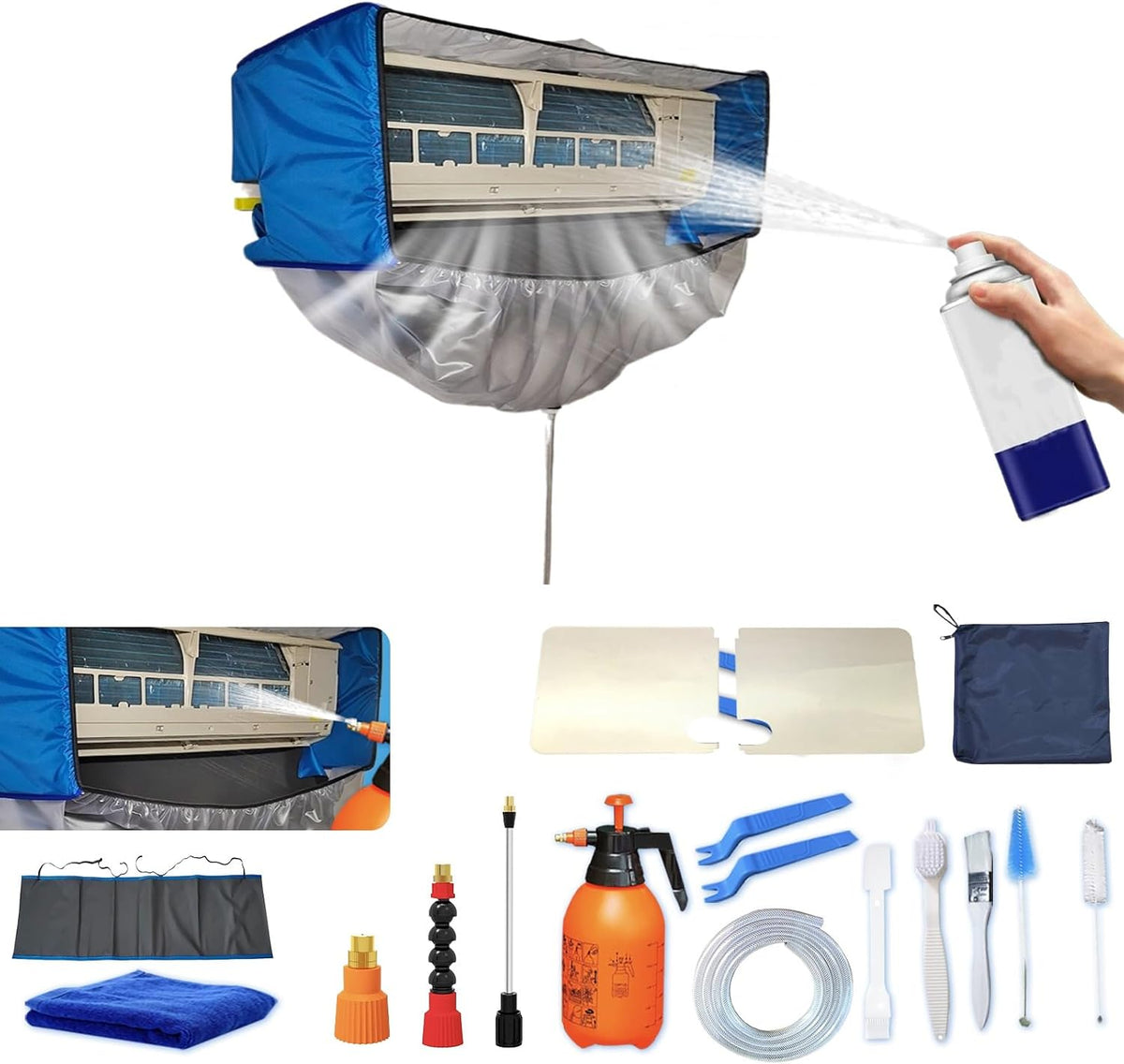  Kit De Nettoyage Pour Climatiseur Split(Panneaux Latéraux Améliorés), Avec Un Espace Supplémentaire Sac De Nettoyage Pour Climatiseur Split(Bleu Foncé, Grand, 18 Pièces)