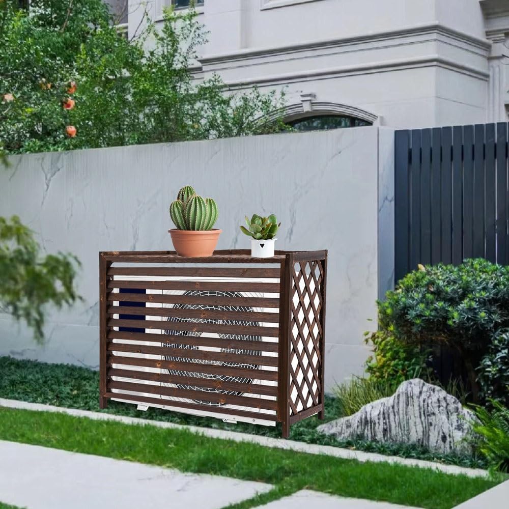  Housse De Climatiseur En Bois Avec Support Décoratif Pour Fleurs – Protection élégante Pour Unité Extérieure Et Grille De Protection Pour Climatiseurs Et Pompes à Chaleur