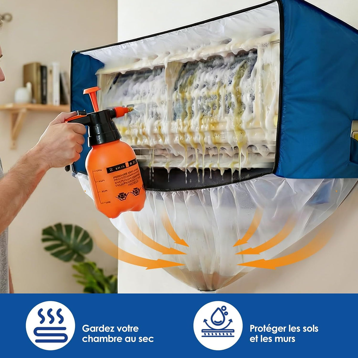  Kit Entretien Climatisation, Kit De Nettoyage Climatisation Split Pour Climatiseur, Bache Nettoyage Clim Avec Parois Latérales Renforcées (Bleu Et Blanc Transparent, Type A)