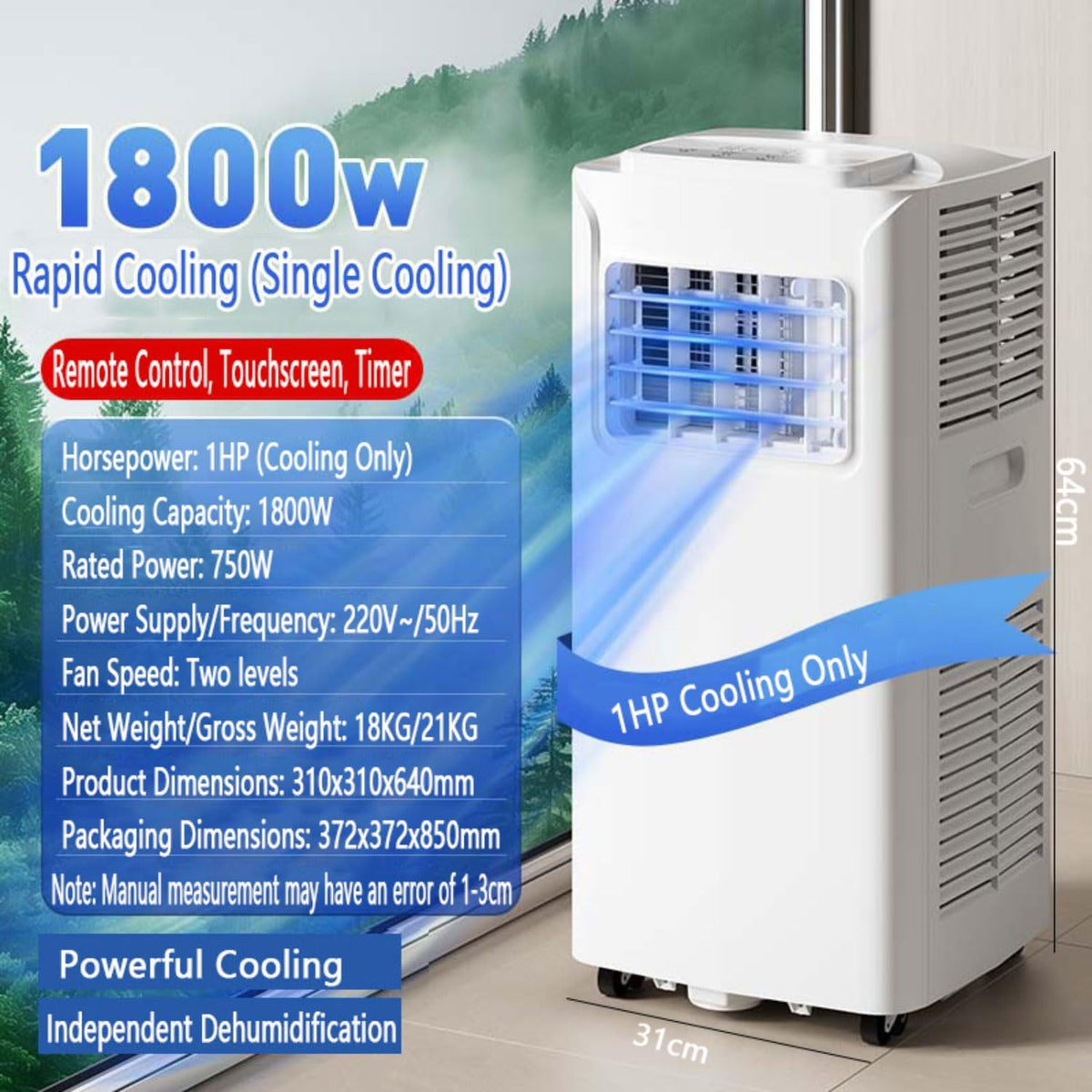 GENERIC Climatiseur Portable 8000 BTU AC Avec Ventilateur Frais, Minuterie 24 H, Kit De Fenêtre, 2 Vitesses, Oscillation à 120°, Couvre 300 M²