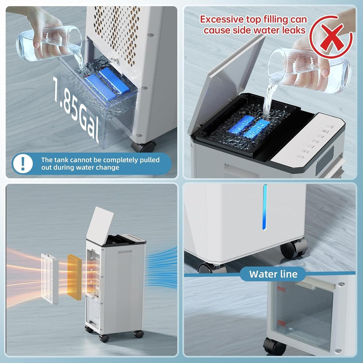  Climatiseur Mobile, 3 En 1 Rafraichisseur D'air Silencieux Sans Évacuation Avec 10L Large Réservoir D'eau, 3 Vitesses, 60°Oscillation, Climatiseur Portable