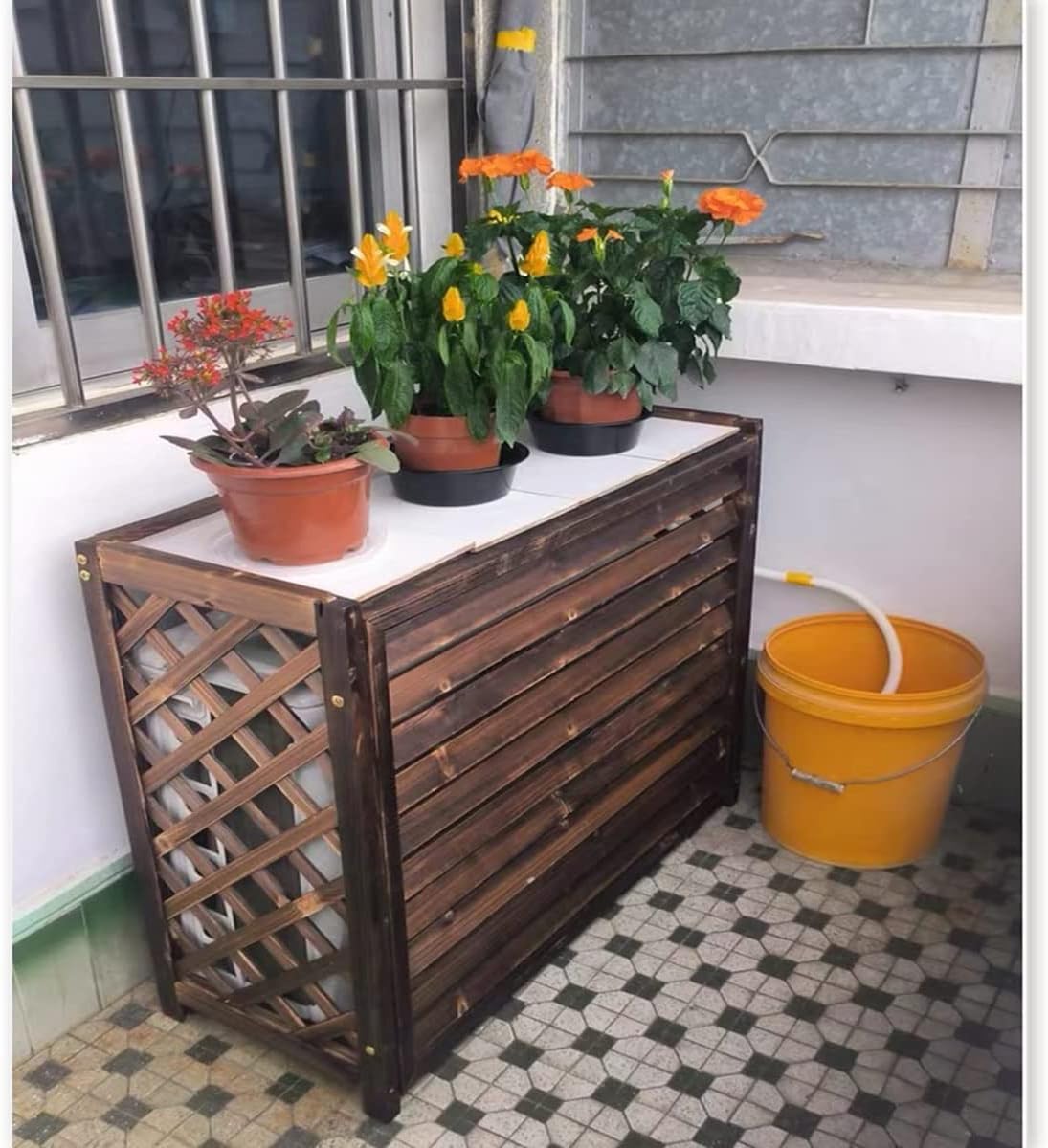  Housse De Protection Pour Climatiseur D'extérieur En Bois Massif, Support De Fleurs Pour Balcon En Bois, étagère De Rangement épaisse