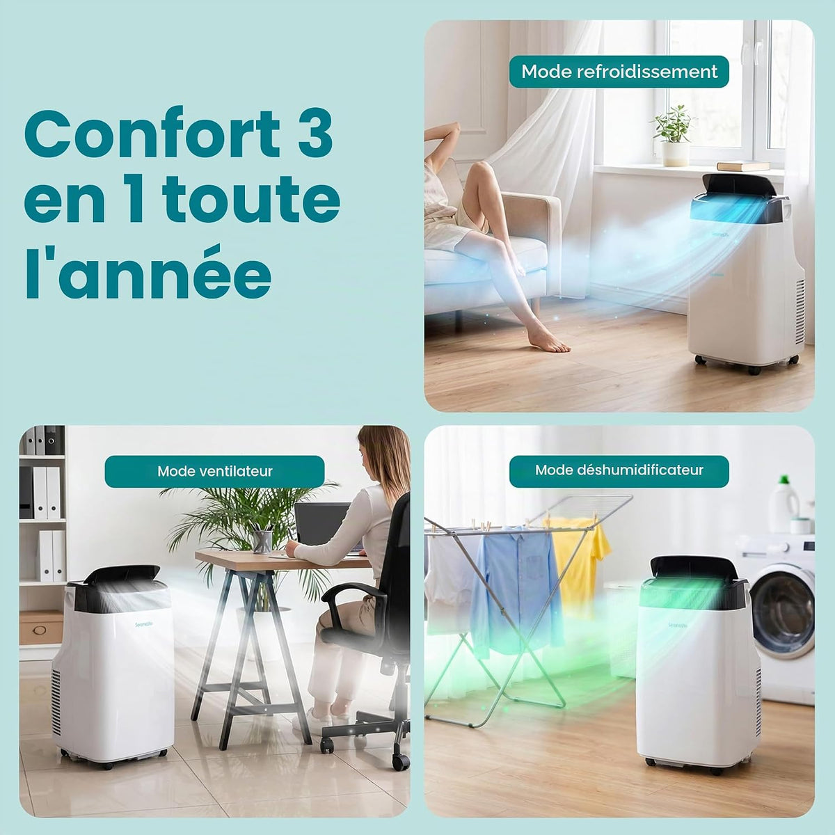  SereneLife Climatiseur Mobile Silencieux,9000 BTU,Climatiseur Portable 3-en-1 Avec Fonction Déshumidificateur Intégré,Mode Ventilateur,Télécommande,Kit D'Évacuation Complet Montable Sur Fenêtre,Blanc