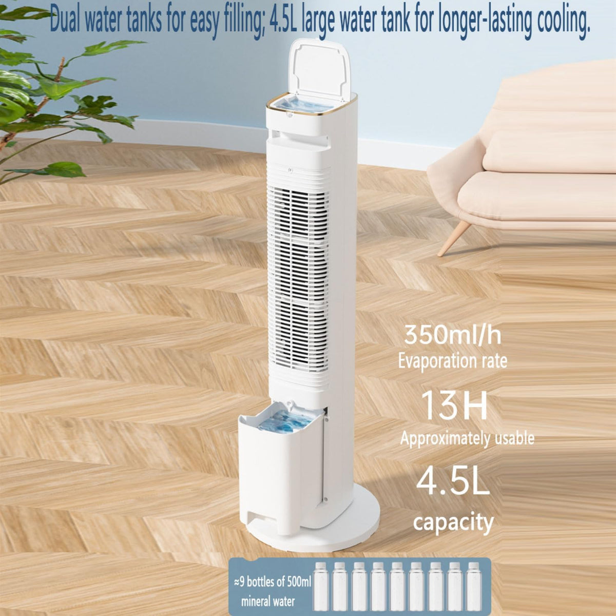 Refroidisseur D'air Colonne Refroidisseur Humidificateur Et Ventilateur Climatiseur Mobile Portable Avec Capacité De 4.5L 3 Vitesses Oscillation Automatique à 80º Roues Multidirectionnelles Blanc