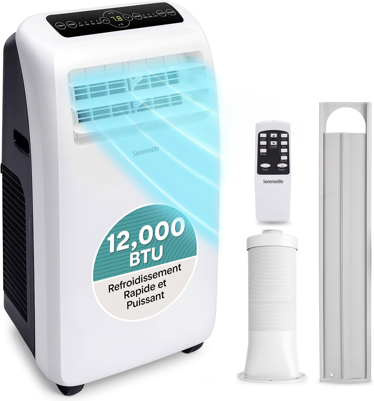  SereneLife Climatiseur Mobile Silencieux,9000 BTU,Climatiseur Portable 3-en-1 Avec Fonction Déshumidificateur Intégré,Mode Ventilateur,Télécommande,Kit D'Évacuation Complet Montable Sur Fenêtre,Blanc
