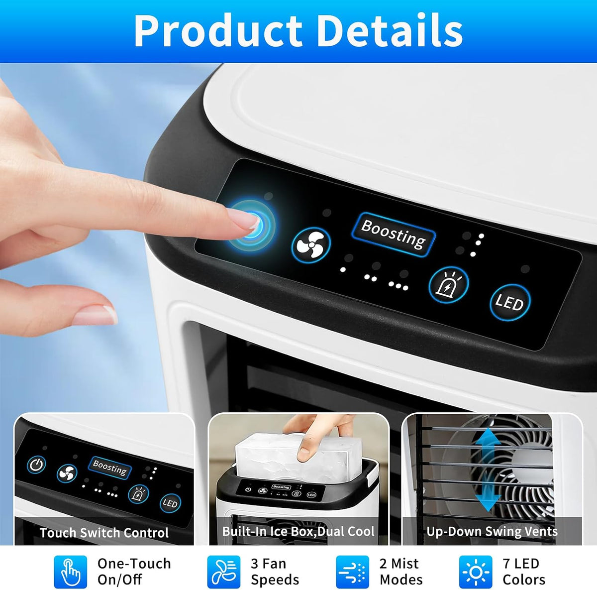 GENERIC Mini Climatiseur Portable, Refroidisseur D'air Personnel Avec Vitesses, Modes Brume, Réservoir D'eau, Boîte à Glace, Petit Climatiseur Rechargeable Pour Chambre, Bureau Et Voyage