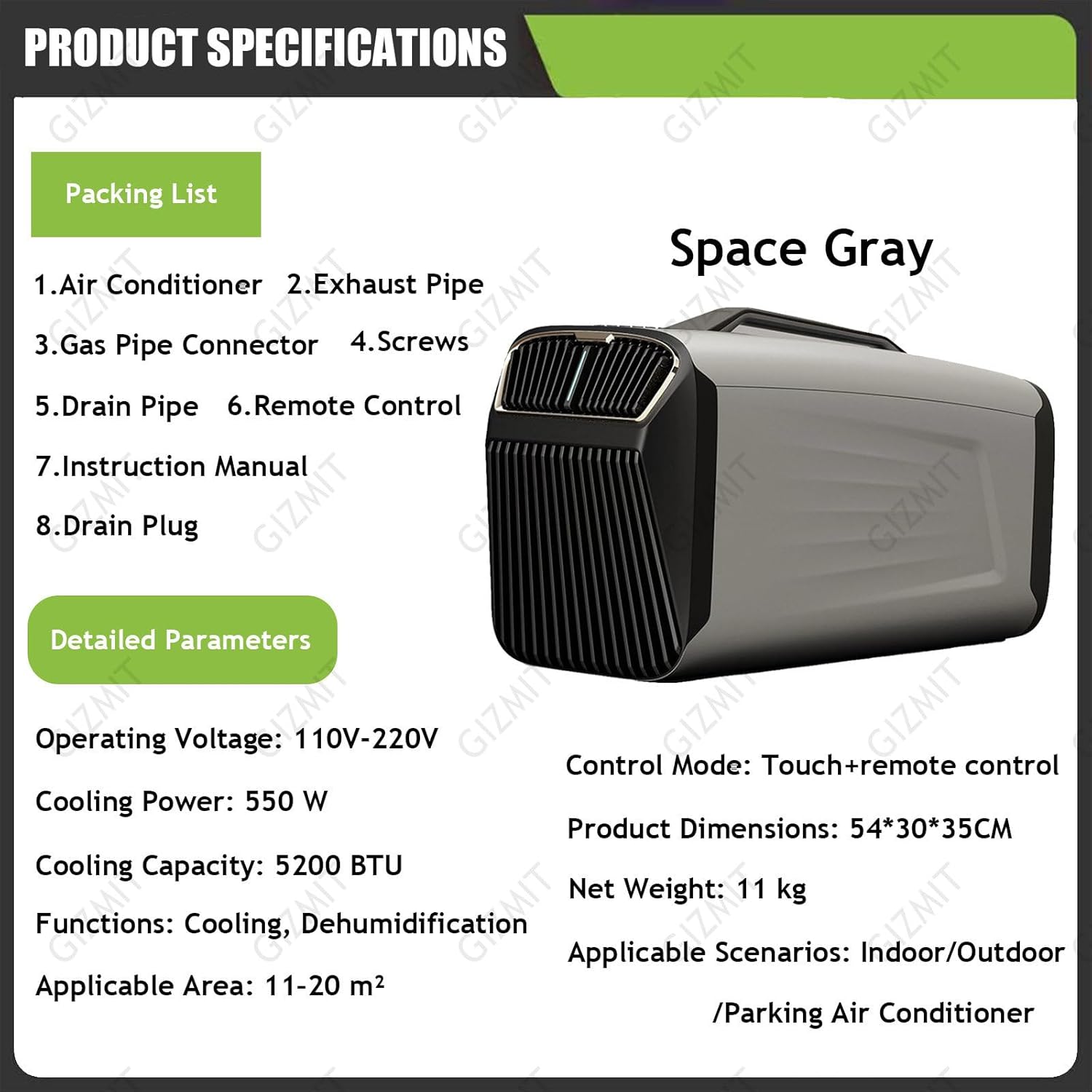  Climatiseur Portable 2 En 1 Pour Camping-Car, 5200 BTU, 400 W, Silencieux, Avec Compresseur, Faible Consommation D'énergie, Idéal Pour Tentes Et Camping-Cars. Fonction Déshumidification Gray
